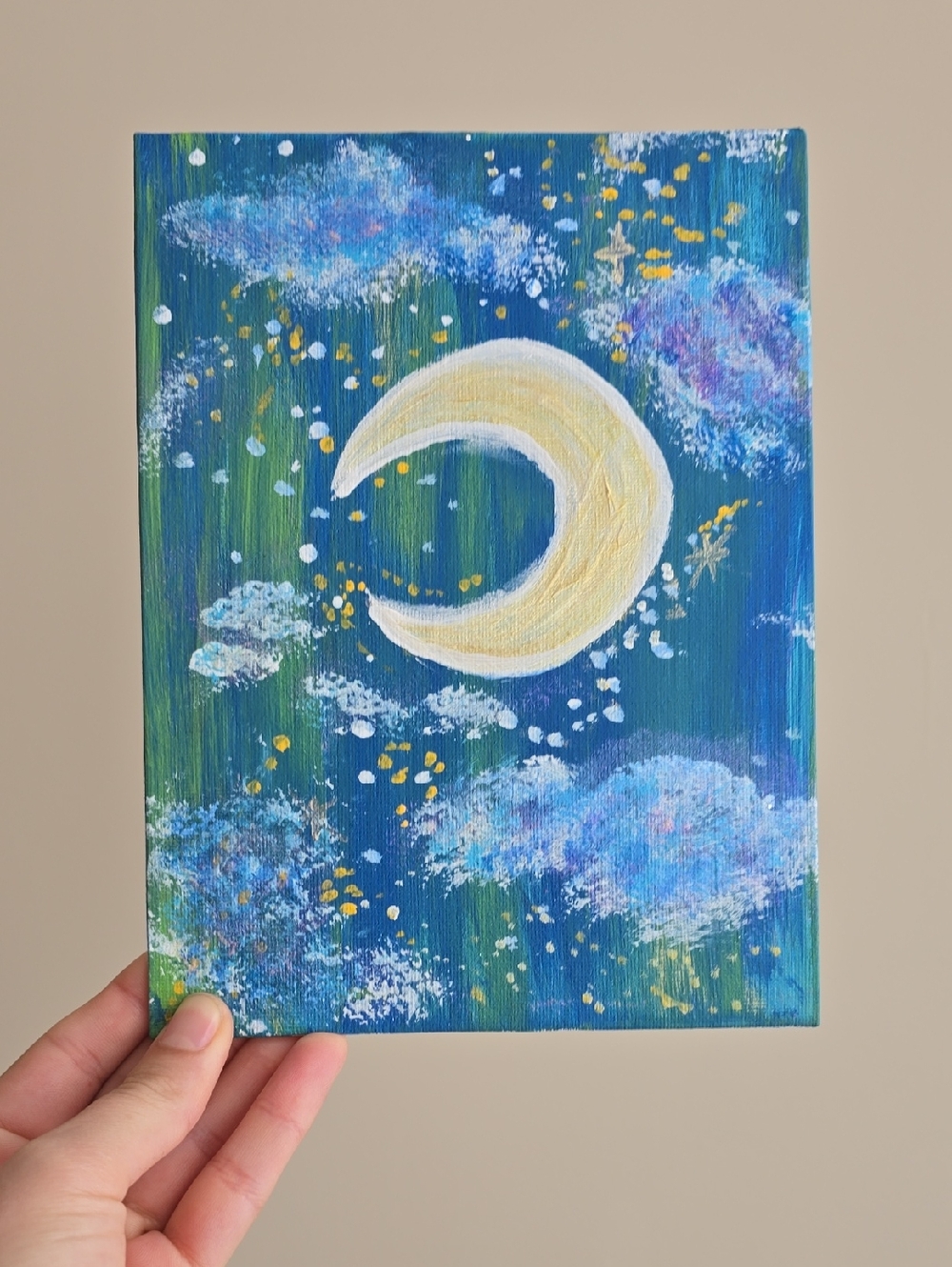 Hand-Painted Crescent Moon Night Sky Canvas